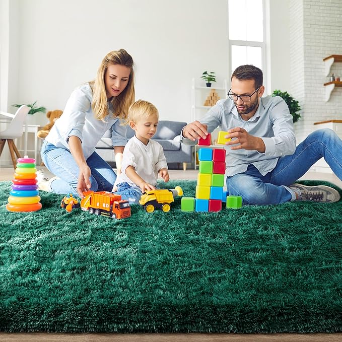 Ompaa Dark Green Rug 5x8 Fluffy Emerald Area Rugs for Bedroom Living Room Carpet, Non-Slip High Pile, Modern Fuzzy Shaggy Deep Grass Green Rug for Classroom Kids Playroom Nursery Home Office Decor