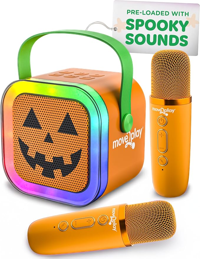 Move2Play, Halloween Karaoke Machine | Spooky Soundtrack & Voice Effects | Includes 2 Microphones | Bluetooth Wireless Music Player | Indoor & Outdoor Halloween Decoration for Kids & Adults