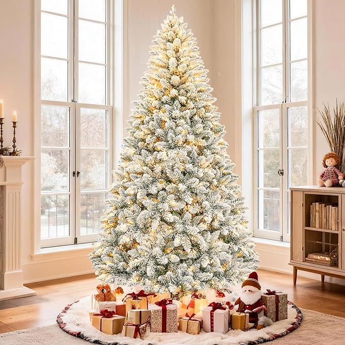 Hykolity 6ft Pre-lit Snow-Flocked Christmas Tree, Artificial Holiday Christmas Tree with 250 Warm White Lights, 1032 Branch Tips, Hinged Design & Metal Base