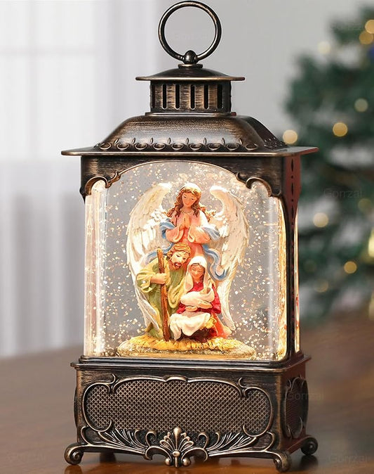 Nativity Snow Globe Angel Christmas Snow Globe Lantern, Lighted Musical Christmas Decorations Indoor for Home with Music 6H Timer Swirling Glitter, Jesus, USB or Battery Operated