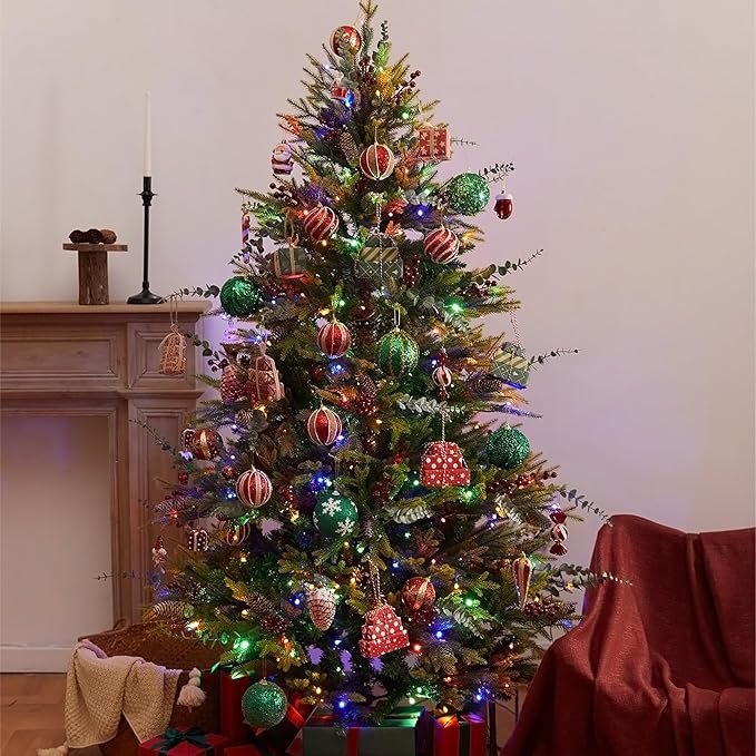 Artificial Christmas Tree with 300 Multi-Colored String Lights with 11 Modes, 6FT Prelit Christmas Tree with Red Berry and Pinecone, Xmas Tree with Foldable Stand Christmas Decorations Decor
