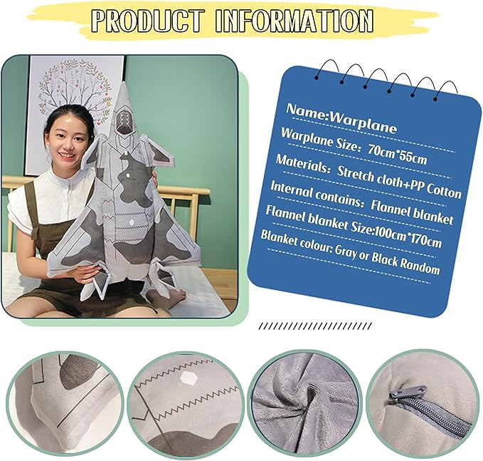 29 inch Airplane Model Plush with Blanket Warplane Stuffed Animal Toy Space Shuttle Airplane Plush Toy Airplane Decoration Warplane Sofa
