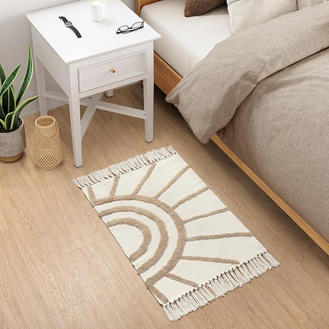OJIA Boho Bathroom Rug 2'x3', Handwoven Washable Bath Mat with Tassels, Bohemian Beige Small Rug Entry Rug, Farmhouse Tan Sun Tufted Kitchen Runner Cotton Throw Rug for Bedroom/Laundry Room