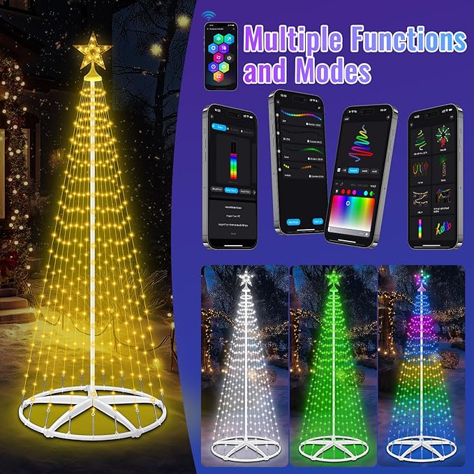 Smart Lighted Christmas Tree, 7.5Ft 310 LEDs Prelit Cone Tree Lights with Music Sync, Remote & APP Control, Million Colors DIY Artificial tree, Christmas Light Show Tree for Indoor Outdoor Decorations