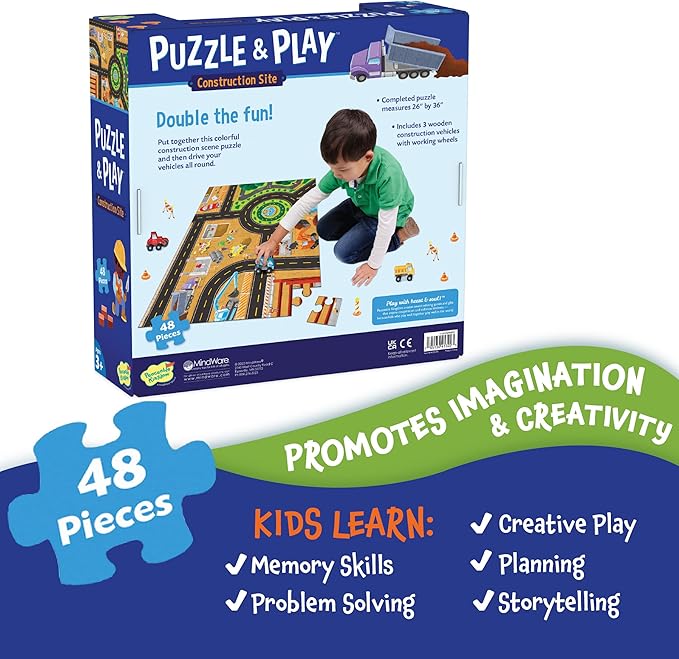 Peaceable Kingdom Puzzle and Play: Construction Site – 48-Piece Puzzle Includes 3 Wooden Construction Vehicles — Great for Home or Classroom Use — for Kids Ages 3 & Up