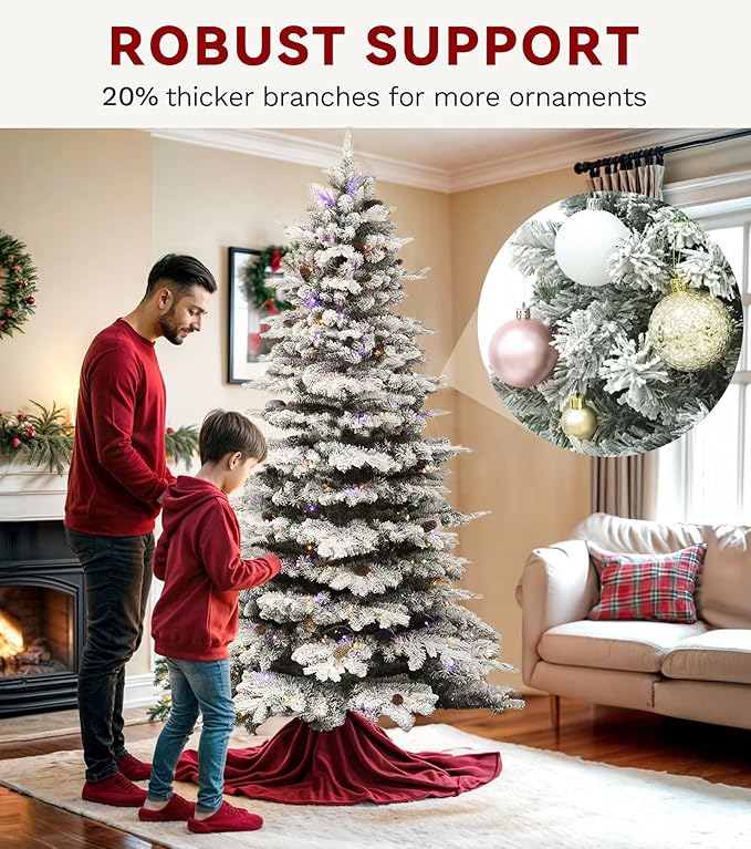 DWVO Flocked Christmas Tree Prelit 7.5ft, Atificial Christmas Tree with 550 LED Lights & 55 Pine Cones, Full Flocked Xmaxs Trees with 1278 Branch Tips, Metal Hinged & Stand Home Party Decoration