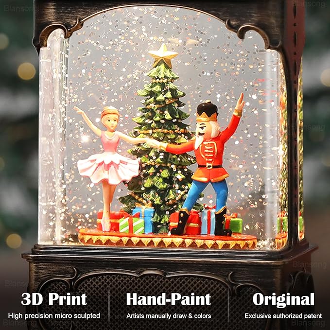 Nutcracker Snow Globe Lantern Christmas Decorations Gifts Auto Snowfall Glitter Music Collection Clara Christmas Tree with 6H Timer USB/Battery Powered 10.2 inch