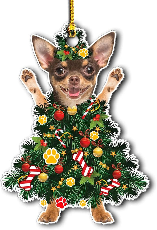 2025 Chihuahua Christmas Tree Acrylic Ornament - Cute and Festive Holiday Decoration for Dog Lovers - Chihuahua Christmas Xmas Gifts (Brown Chihuahua Xmas Tree)