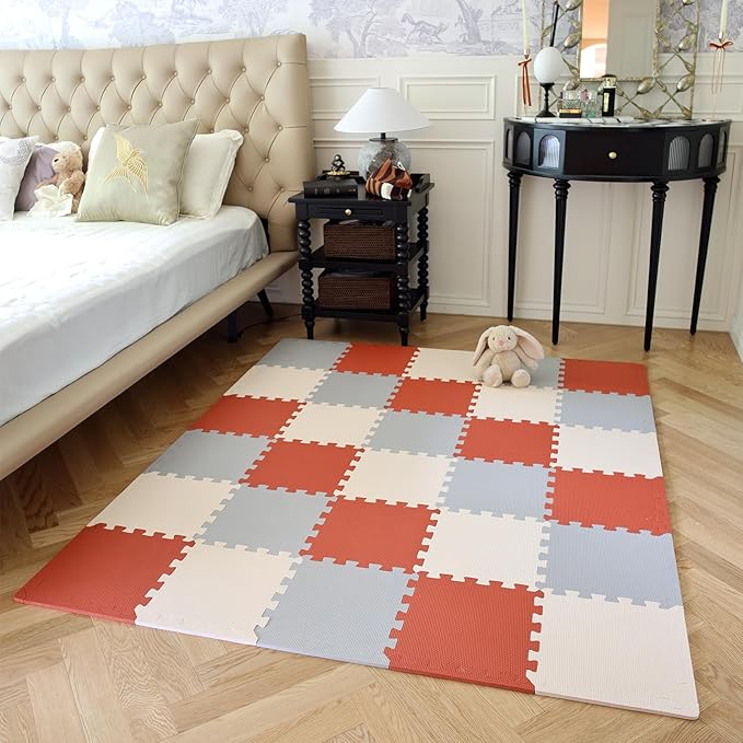 TCBunny Kids Soft EVA Foam Jigsaw Puzzle Play Mat, 36 Interlocking Tiles and Edges Baby Play Mat, for Kids Gym, Nursery, Playroom, Pet Mat, Total Floor Coverage 32 Sq Ft, Red/Grey/Beige