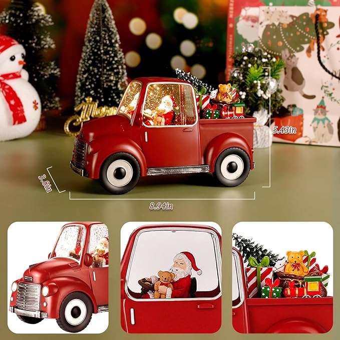 Musical Red Truck Snow Globe with Swirling Glitter with Santa, Christmas Tree,Gifts,Bear,Small Train,Christmas Decoration