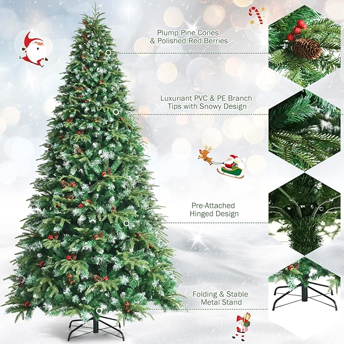 GOFLAME 9ft Pre-Lit Artificial Christmas Tree, Realistic Xmas Tree w/ 2599 Branch Tips, 780 Multi-Color LED Lights, 63 Pinecones & Red Berries, Pine Tree w/ 11 Flash Modes for Holiday Decoration