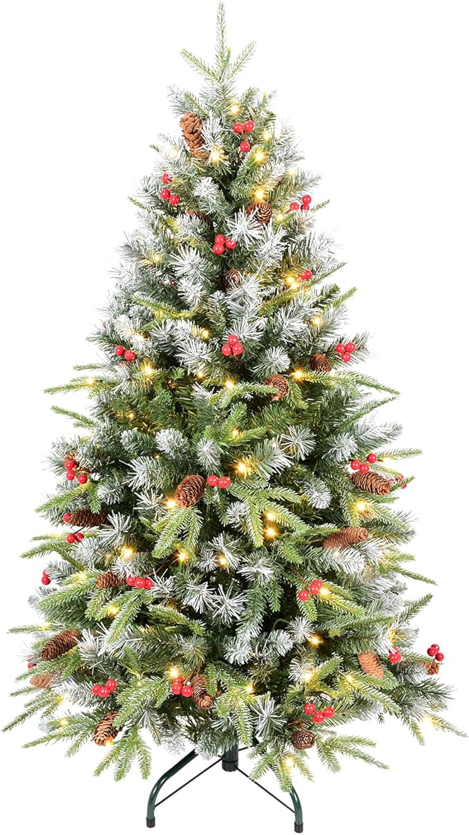 5Ft Pre-Lit Artificial Christmas Tree Fully Pre-Decorated with 1131 Flocked Frosted Tips, 47 Berries, 47 Pine Cones, 250 Lights, Realistic Xmas Tree with Metal Hinges& Floded Stand