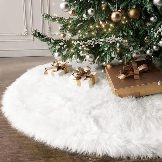 iMucci 72inch Extra Large Wool Fur Christmas Tree Skirt 2024 Update Snowy White Wool Fur Xmas Tree Skirt Christmas Home Holiday Party Decorations