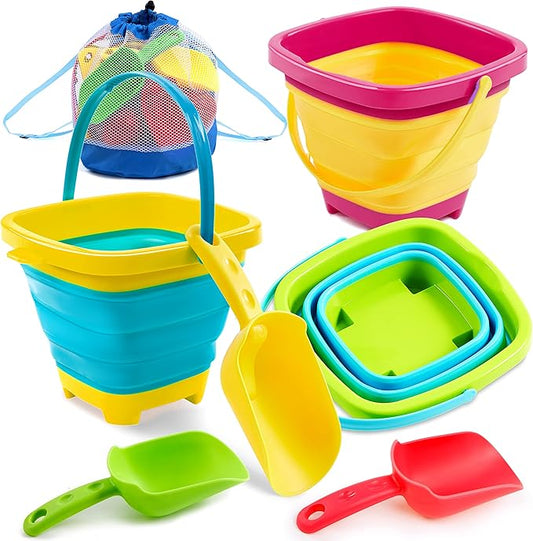 Sloosh 3 PCS Foldable Buckets with 3 Shovels Sand Water Bucket Sandbox Square Party in Summer Foldable Pail Silicone Collapsible Bucket Kids Beach Toys Travel (Yellow/Blue/Green)