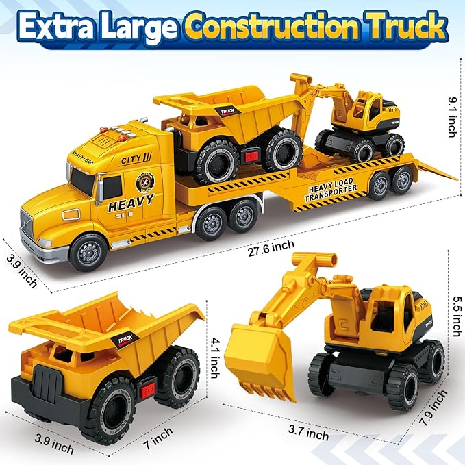 SpringFlower 3 4 5 6 Toddler Boy Toys, 25" Construction Carrier Truck Vehicle Car, Boys Car Toys with Excavator and Dump Truck, Birthday Gifts for Kids 3 4 5 6 Years Old