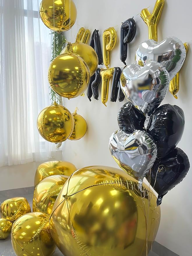 Gold Birthday Decorations with 16pcs Large 4D Foil Balloons in 10-50 Inch + 6pcs 18" Gold Silver Heart Balloons + 16” Happy Birthday Banner for Indoor Outdoor Party Decorations (Gold)
