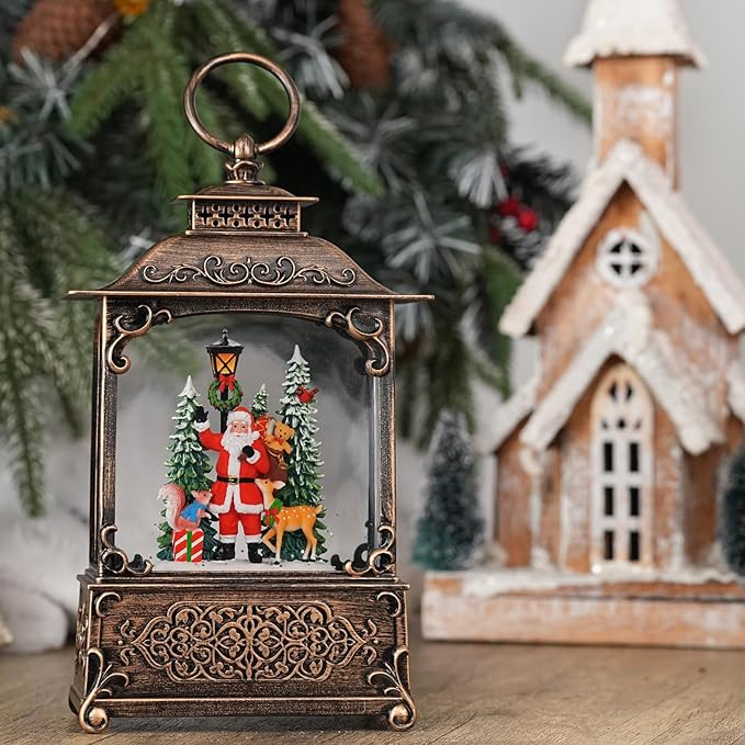 Snow Globe with Santa Claus Reindeer, Light Up Christmas Snow Globes with Music Timer - USB Plug or Battery Operated Glitter Globe Indoor Christmas Decorations