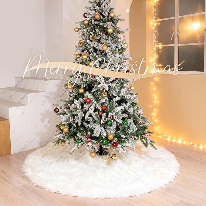 72 Inch White Faux Fur Christmas Tree Skirt with 4.5" Extra Long Pile– Ultra Plush Snow-Like Tree Collar for 7.5-12 Ft Trees
