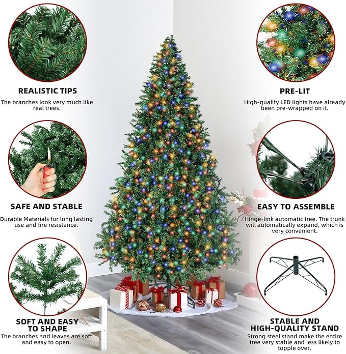 ININ 7FT Prelit Christmas Spruce Artificial Tree with Led Lights, Lighted Christmas Tree,Hinged Full Xmas Tree for Home Party Decoration,500 LED Lights,1592 Branch Tips, Metal Hinges & Foldable Base.
