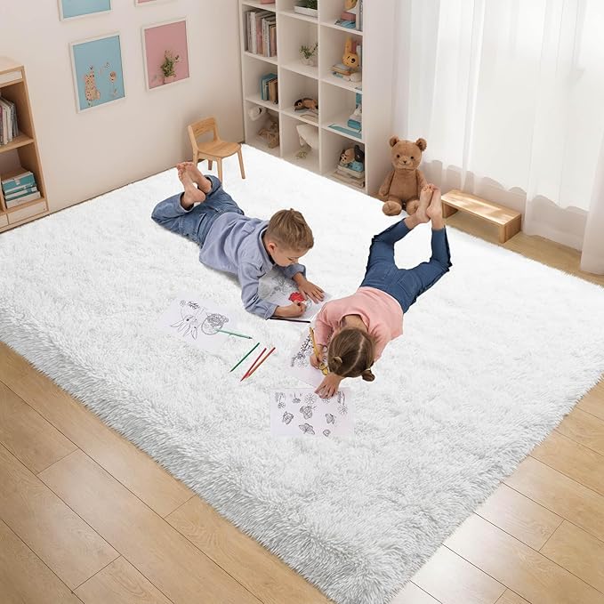 6x9 Fluffy Soft Cream White Rug for Living Room Bedroom, Large Area Rugs Super Soft Shaggy Carpet for Classroom Kids Babys Playroom Toddler Nursery Dorm Home Decor, Modern Indoor Non Slip Rug