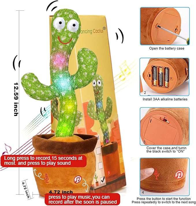 Emoin Talking Dancing Cactus Toy Mimicking Toy, Singing Cactus Mimicking Recording Repeating What You Say with LED English Songs for Toddlers Boys Girls, Interactive Baby Toys