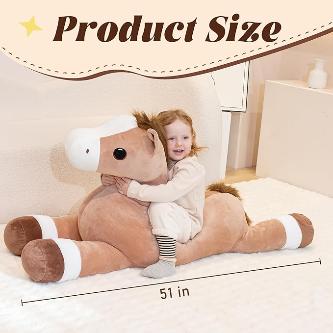 51" Giant Horse Stuffed Animals, Large Stuffed Horse Plush Pillow 4.2ft, Soft Large Stuffed Pony, Cute Farm Animals Plush Toys, Gifts for Kids Boys Girls on Birthday Children's Day Christmas