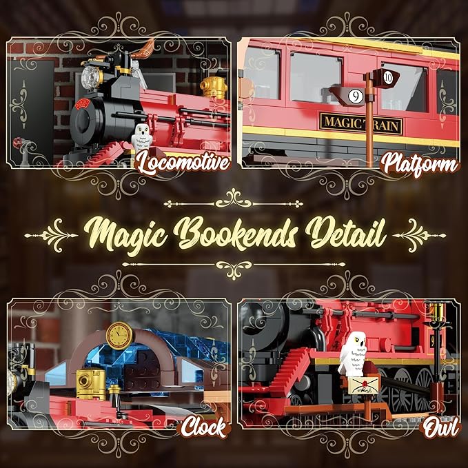 2in1 Harry Magic Train & Bookends Building Set, Home Decorative Building Block Toy, Ideal Collectible & Display Building Toys for Adults & Children, Cool Bookshelf Organizer & Home Decor 1068PCS