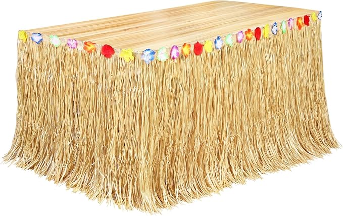 Fovths Luau Grass Table Skirt Natural 9 Feet x 29.5 Inch Hawaiian Table Skirt for Tropical Hawaiian Party Decorations Luau Costume Party, Straw Yellow