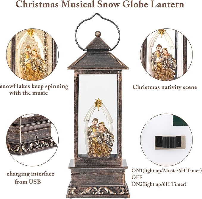 12 Inch Nativity Snow Globe Christmas with Music, Glitter Lantern, Christmas Decorations Indoor Home Decor, Snow Globe for Girs, Women (Nativity Scene)