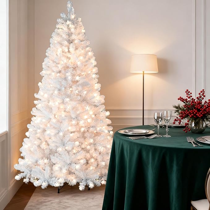 9ft Per-Lit White Christmas Tree, Artificial Christmas Tree with 650 Warm White Lights,1930 Branch Tips, Premium Full White Xmas Tree for Easy Holiday Setup, Foldable Metal Base