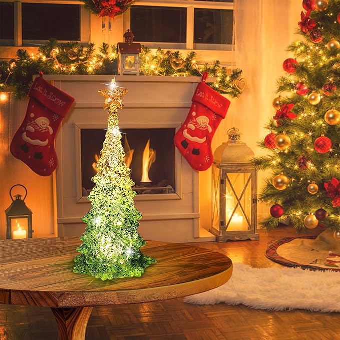 11 Inch Tabletop Christmas Tree with Sparkling Glitter - Battery Operated Acrylic Lighted Christmas Tree for Home Office Fireplace Christmas Holiday Decoration Festive Decor Gift, White Glow