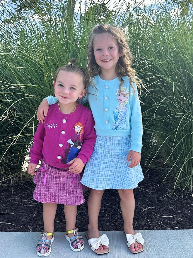 Disney Frozen Elsa Stitch Princess Moana Minnie Toddler Girl 2 Piece Outfit Kid Pearl Button Knit Top & Tweed Skirt Set 2-13Y