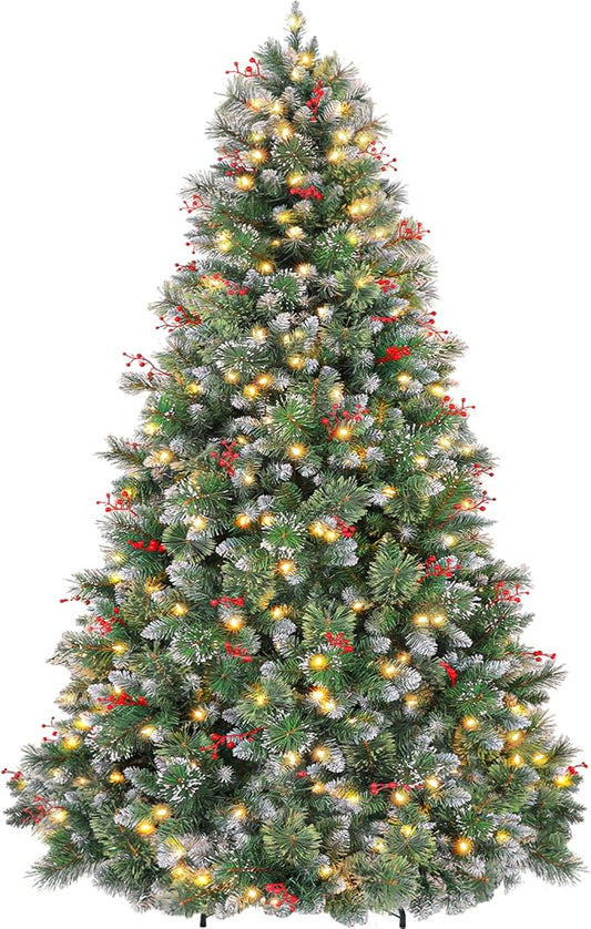 7.5ft Lighted Frosted Christmas Tree, Artificial Christmas Pine Tree with Red Berries, 350 Warm White LED Lights, 1372 Branch Tips, Foldable Metal Stand and Hinged Branches