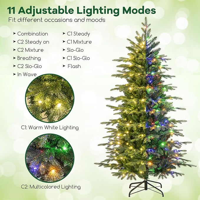 Goplus 6ft Pre-Lit Artificial Christmas Tree, Hinged Xmas Tree with 714 PVC & PE Tips, 260 Multicolored & Warm White LED Lights, 11 Modes, Remote Control, Metal Stand, Home Office Decoration