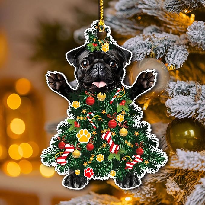 2025 Black Pug Dog Christmas Ornament - Adorable Dog Dressed as a Christmas Tree - Fun and Festive Acrylic Decoration (Black Pug Tree)