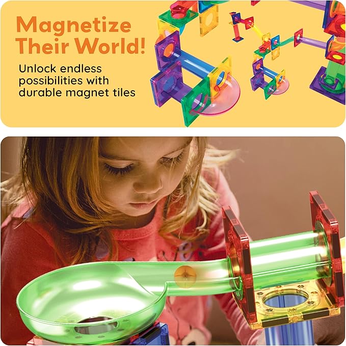 PicassoTiles 108pc Magnetic Marble Run Set with Building Tiles Race Track Car Slides Set STEM Learning Toy 3-in-1 Preschool Construction Kit for Indoor Activity and Development for Kids age 3+ PTG108