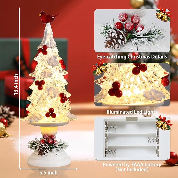 Acrylic Christmas Tree Table Decor - 14" Light up LED Christmas Tree with Cardinal, Battery Operated Warm Holiday Party Mantel Decorations Gifts for Family & Cardinal Lovers, White