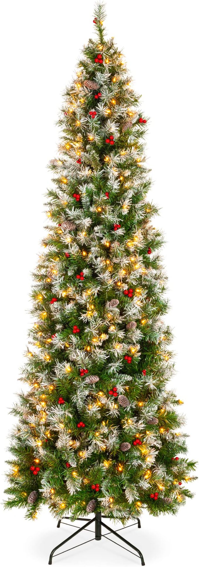 Best Choice Products 7.5ft Pre-Lit Pencil Christmas Tree, Partially Flocked Pre-Decorated for Home, Skinny Frosted Holiday Tree w/ 1,075 Tips, 350 Lights, Pine Cones, Metal Hinges & Base