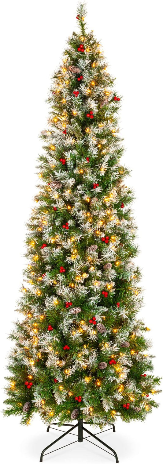 Best Choice Products 7.5ft Pre-Lit Pencil Christmas Tree, Partially Flocked Pre-Decorated for Home, Skinny Frosted Holiday Tree w/ 1,075 Tips, 350 Lights, Pine Cones, Metal Hinges & Base