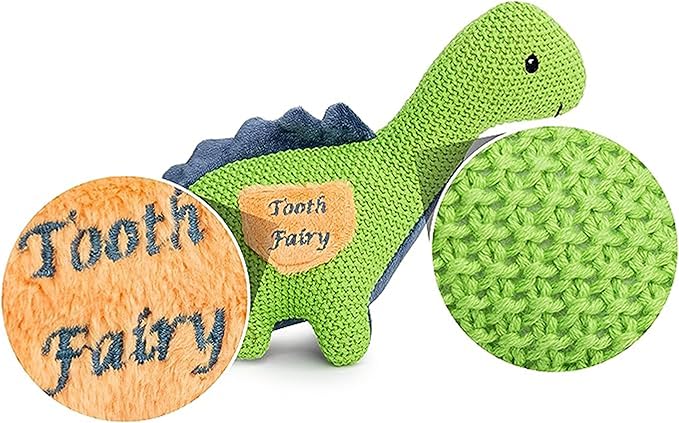 Maison Chic Danny The Dinosaur Tooth Fairy Pillow for Boys – Plush Green Dinosaur with Tooth Pocket for Boys and Girls
