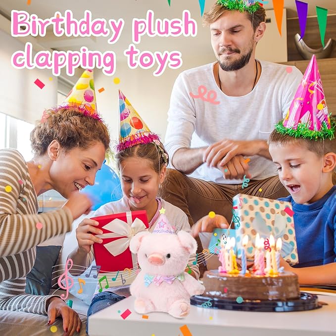 Birthday Piglet Plush Toy Clap Activated with Voice Recording Singing Dancing Interactive Stuffed Animal Gift for Toddler Kids Boys Girls