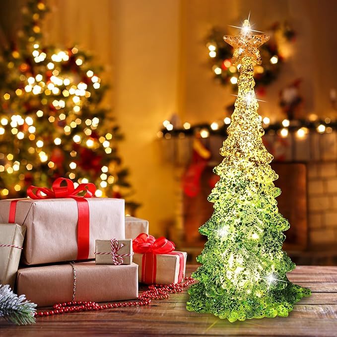 11 Inch Tabletop Christmas Tree with Sparkling Glitter - Battery Operated Acrylic Lighted Christmas Tree for Home Office Fireplace Christmas Holiday Decoration Festive Decor Gift, White Glow