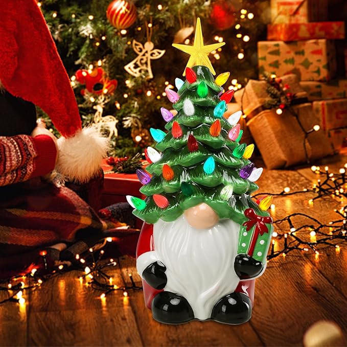 Small Ceramic Christmas Tree Hand-Painted Vintage Tabletop Christmas Tree Holiday Decoration with Multi-Color Lights Green Gnome 11 inch