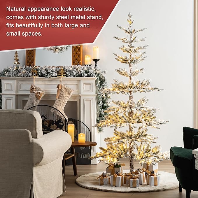 Glitzhome 6ft Flocked Christmas Tree, Pre-Lit Artificial Christmas Tree,Serene Snowscape Fir Tree with Sturdy Metal Stand, 733 PE Tips and 300 Warm White Lights for Holiday Party Home Decor