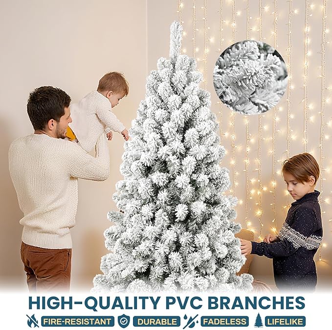 Kadunmina 9ft Artificial Christmas Tree, Premium Unlit Hinged Snow Flocked Xmas Tree with 1910 Branch Tips, Realistic Holiday Full Trees with Foldable Metal Stand for Home,Office,Green & White