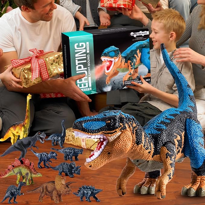 24" Large Dinosaur Toys for Kids 3-5, Big Dinosaur Tyrannosaurus rex Figure Toy with 10+ Dinosaurs Belly Storage, Gliding Wheels, Lights Sounds & Mist Spray – T-Rex that eats Toy for Boys Gift