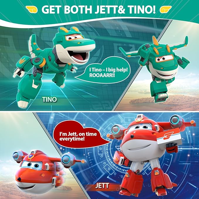 Super Wings Transformable Toys, 5 in Jett and Tino Dinosaur Airplane Transforming Figures Toys Set, 2 in 1 Mode Rescue Bots Toys for 3-5 Year Old Boys Girls, Plane Toys for Toddlers Kids Age 3 4 5 6