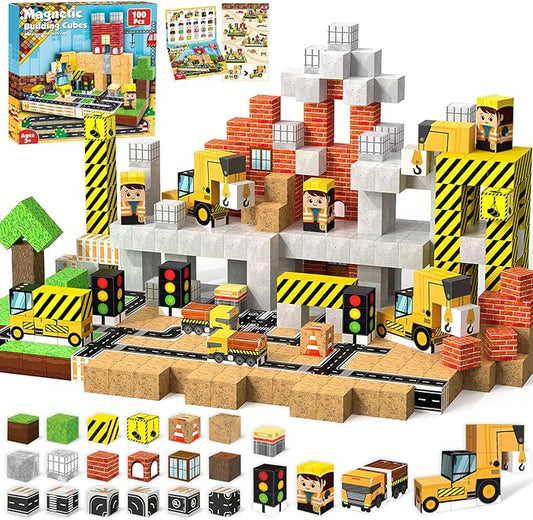Magnetic Blocks - 100PCS Magnetic Building Blocks Magnet Cubes Stacking Construction Set, STEM Montessori Sensory Toys for Kids Boys Girls Ages 3-5 6-8 Holiday Easter Birthday Gifts