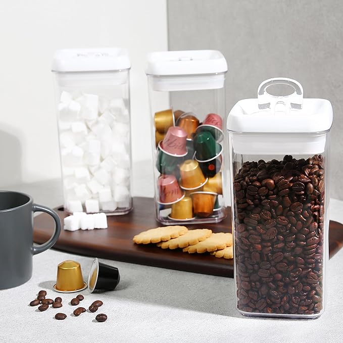 Felli Flip Tite Food Storage Container with Lid Airtight 4" Ring Seal Flip Top, Stackable Acrylic Canister Jar for Pantry Kitchen Counter, Snack Coffee Bean Granola Pet Treats Cracker Holder (1.3 qt)