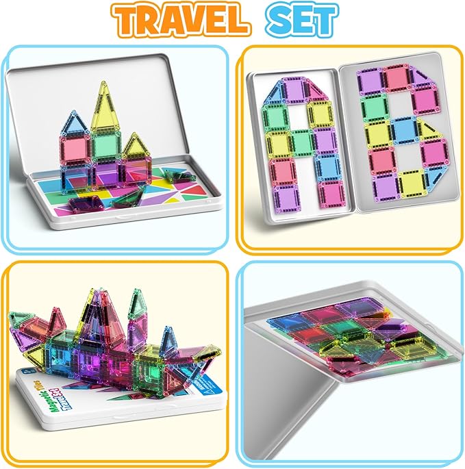 42PCS Mini Magnetic Tiles Travel Set with Iron Storage Box - Portable STEM Building Blocks for Kids 3-8, Montessori Educational Magnet Toys for Airplane, Car Rides & On-The-Go Play
